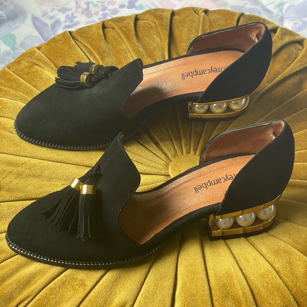 Jeffrey Campbell CIVIL Pearly Heeled Tassel Loafer Black Suede